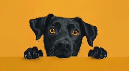 La tête d'un chien noir sur un fond orange uni. - obrazy, fototapety, plakaty
