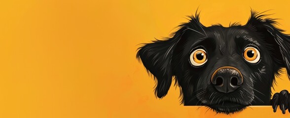 La tête d'un chien noir sur un fond orange uni, image avec espace pour texte. - obrazy, fototapety, plakaty