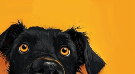 La tête d'un chien noir sur un fond jaune uni, image avec espace pour texte.