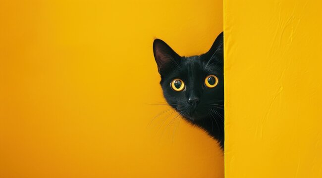 La t&ecirc;te d'un chat noir sur un fond jaune uni, image avec espace pour texte.