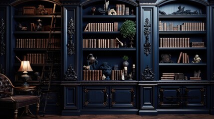 The background of the bookcases is in Navy Blue color.