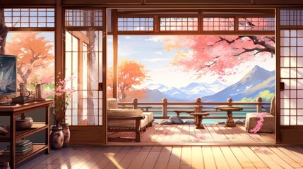 Interior of a Japanese house with large windows and beautiful views of spring. Cartoon or anime watercolor digital painting illustration style. 