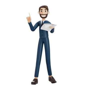 high-quality 3D illustration of a businessman character suitable for use on websites, apps, or similar purposes. The illustration features a handsome man in a dark blue suit.
