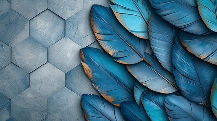 Top view of blue feathers with geometric design surface with a big empty space for text, Generative AI.