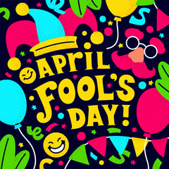 April Fools Day banner with hand drawn decorative lettering, laughing cartoon faces and jester hat.