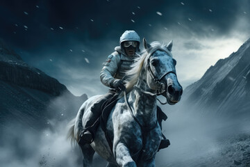 Fototapeta premium a astronaut is riding on a horse on the moon surface