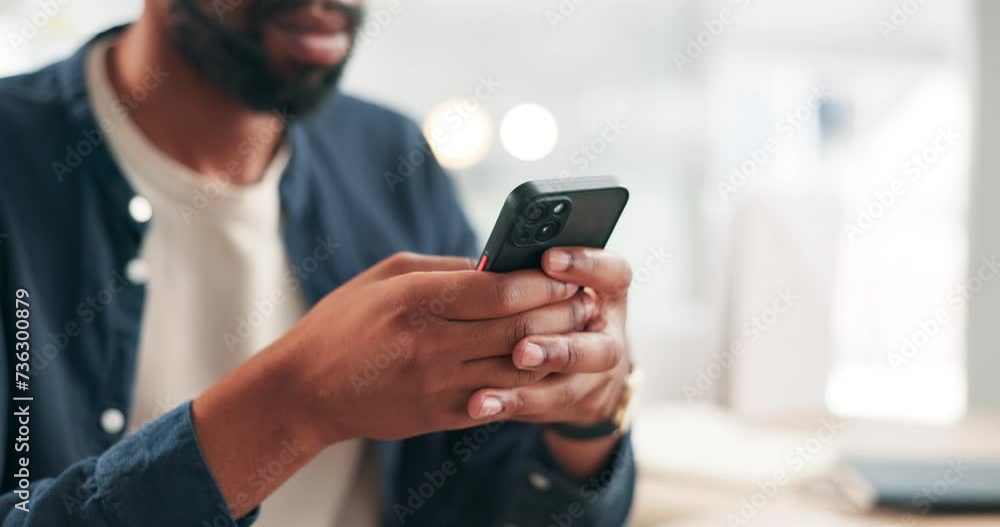 Poster man, phone and closeup of hands with typing for communication, networking and mobile chat in office.