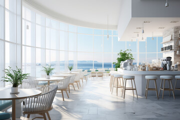 Fototapeta premium a modern cafe interior design, with wide windows, sea view