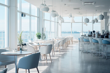 
a modern cafe interior design, with wide windows, sea view - obrazy, fototapety, plakaty