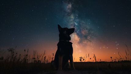 A loyal German Shepherd standing guard beneath a starry sky.