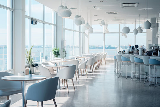 Fototapeta  a modern cafe interior design, with wide windows, sea view