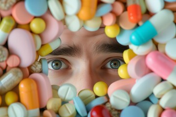 Fototapeta na wymiar mans face in the pool of different pills, overprescription of antibiotics or opioid crisis concept