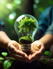 renewable energy light bulb with green energy, Earth Day or environment protection Hands protect forests that grow on the ground and help save the world, solar  Generative AI