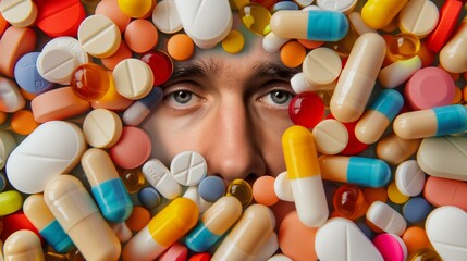 mans face in the pool of different pills, overprescription of antibiotics or opioid crisis concept - obrazy, fototapety, plakaty
