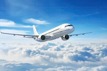 Obraz premium commercial airplane flying through the clouds in the sky as wide banner poster