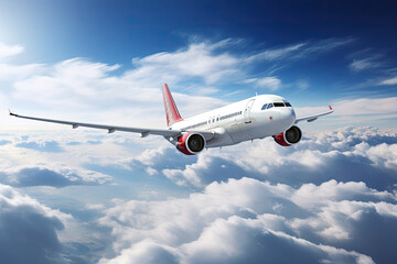 Obraz premium commercial airplane flying through the clouds in the sky as wide banner poster