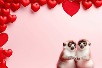 cute valentine day animals on plain background with space for text