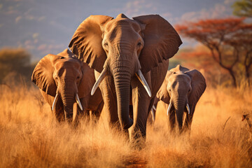 Fototapeta premium group of elephants walking on the dry grass in the wilderness