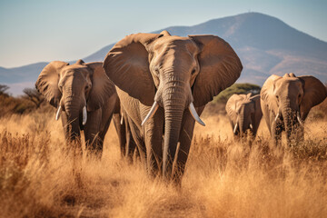 group of elephants walking on the dry grass in the wilderness - obrazy, fototapety, plakaty