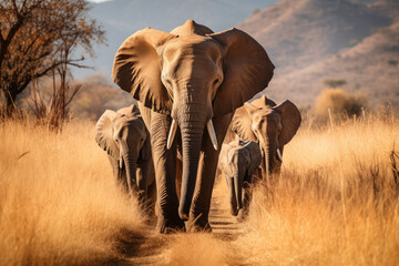 group of elephants walking on the dry grass in the wilderness - obrazy, fototapety, plakaty