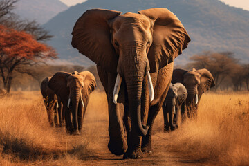 Obraz premium group of elephants walking on the dry grass in the wilderness