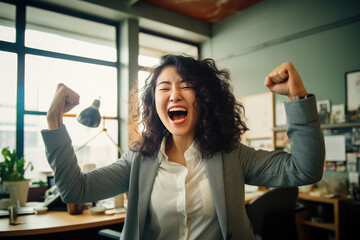 Korean woman laughing with showing victory with joy with a fist pump in the air - obrazy, fototapety, plakaty