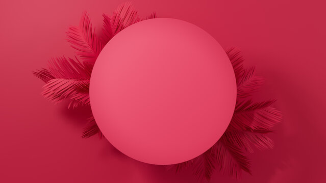 Palm Plant Border forms Pink, Modern Design. Circle Botanical Frame with copy-space.