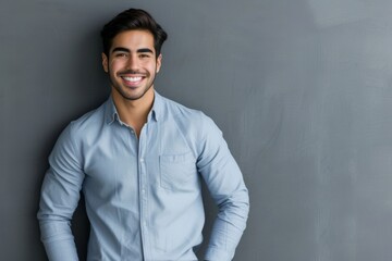 Fototapeta premium Successful Hispanic man leaning on wall smiling for portrait