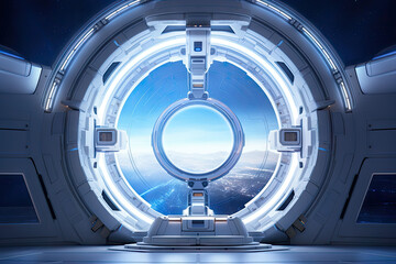 super detailed spacecraft white cabin, with a round window with a stunning bright universe view