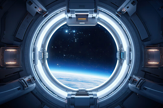 super detailed spacecraft white cabin, with a round window with a stunning bright universe view