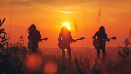 Three acoustic guitar players trio rock band long hair musicians silhouettes while video clip filming during sunset golden hours time by high grass mountain hill. Mental freedom, live music concept.