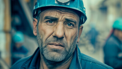 Close-up of an older worker with a helmet and furrowed brow, contemplating whether his pension is secure