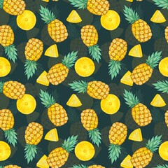 Seamless pattern with pineapple and pineapple slices, watercolor