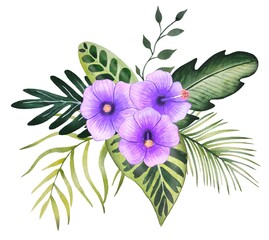 Obraz premium Hand drawn bouquet with tropical leaves and flowers, watercolor