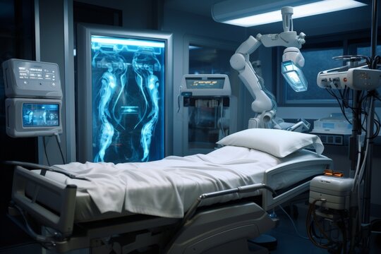 Robotic arm performing surgical procedure on medical dummy, with AI-driven monitors displaying statistics and data, operating room, symbolizing precision and potential of AI in robotic surgery