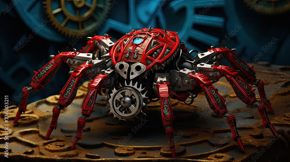 Poster mexican red kneed tarantula crawling ontop of a bunch of cogs, vivid but cool graphics and a design 