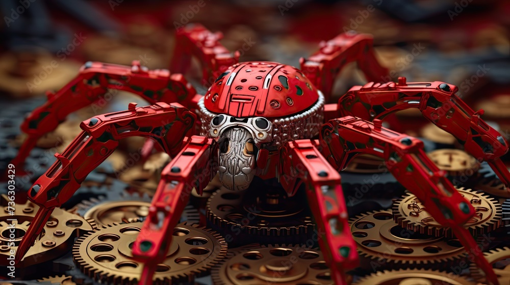 Poster mexican red kneed tarantula crawling ontop of a bunch of cogs, vivid but cool graphics and a design 