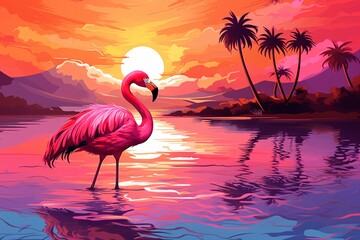 a flamingo standing in water with palm trees and sunset