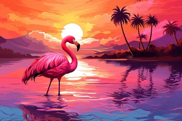 Rolgordijnen a flamingo standing in water with palm trees and sunset © Georgeta