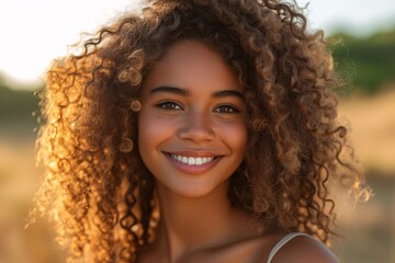 Gorgeous curly-haired girl beaming and relishing the climate.