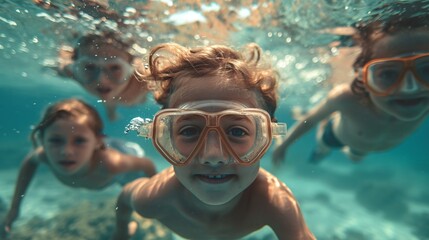 Naklejka premium Kids submerged in a snorkel.
