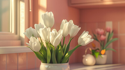 Beautiful spring white tulips on the table in a peach cozy kitchen