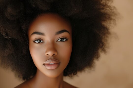 Young black model with afro hair nude make up and long dark hair against a beige backdrop