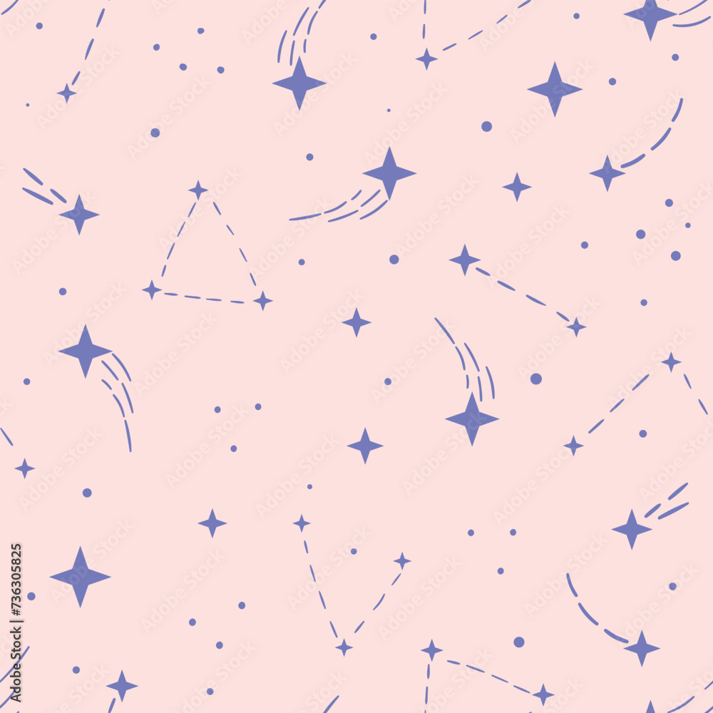 Poster pink and blue shooting star galaxy pattern, vector repeat background with stars and constellations, 