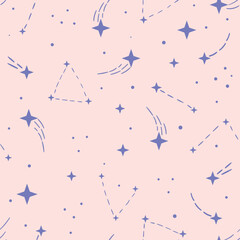 Pink and blue shooting star galaxy pattern, vector repeat background with stars and constellations, repeating tile
