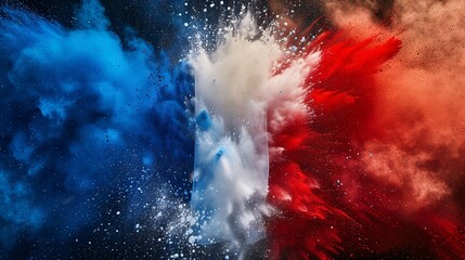 Vibrant French flag explodes with blue, white, and red paint on a white background, representing the culture, sports, and journey of France.