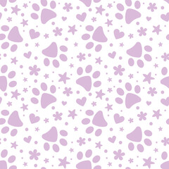 Cute purple paw pattern with flowers and stars, vector background for cats and dogs, pastel