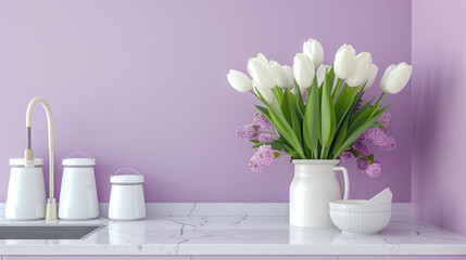 Beautiful spring  tulips on the table in a lilac kitchen