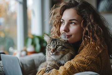 Young woman sitting with her cat wearing winter sweater with a blurry backdrop, Generative AI.