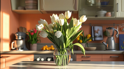 Bouquet of white delicate tulips on the kitchen table